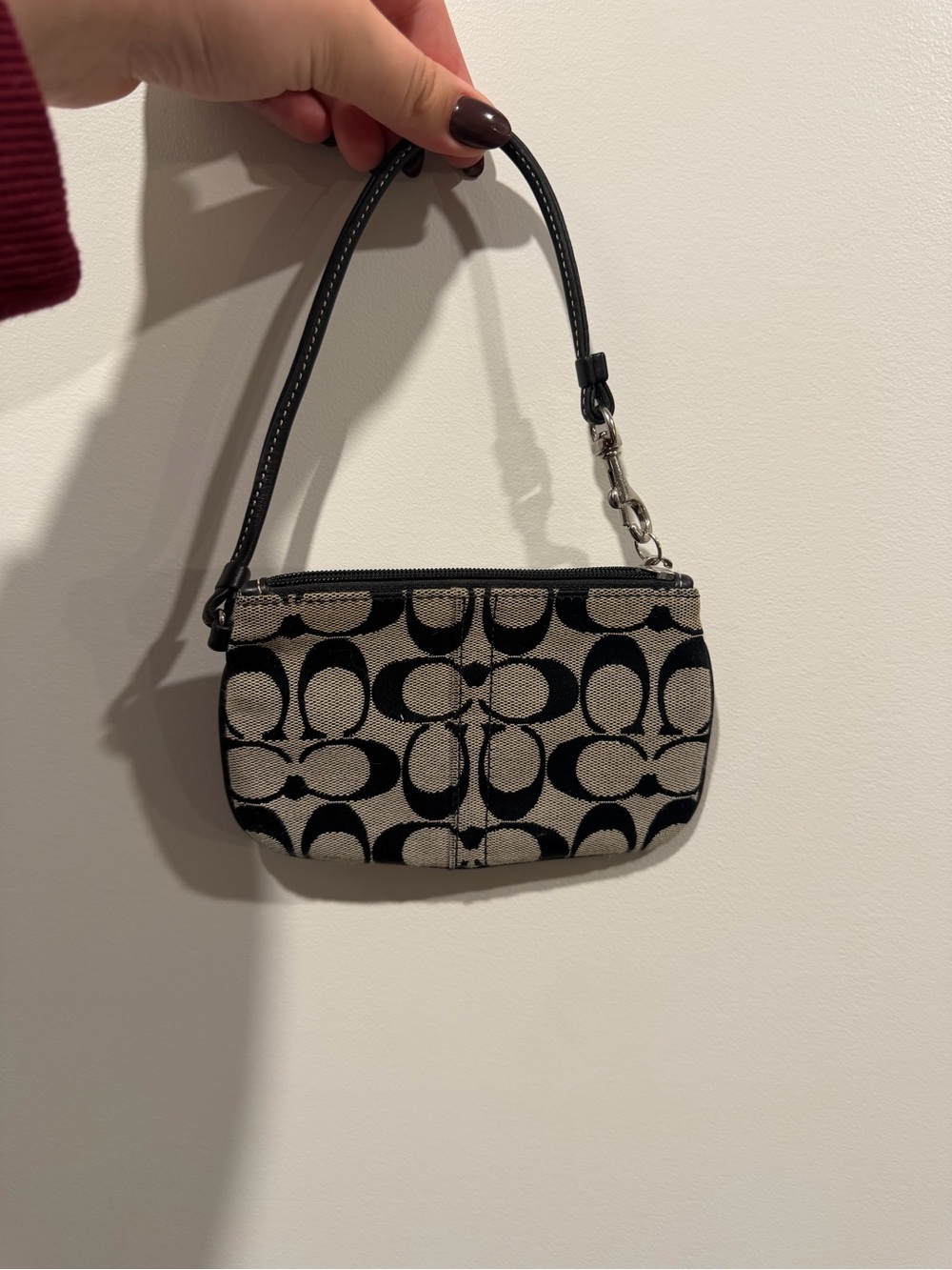 Coach Signature Canvas Mini Wristlet in Black and Beige